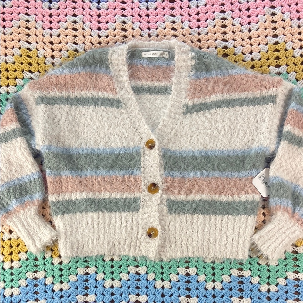 NWT NEW Altar'd State Ivory Combo Blue Cropped Cardigan Sweater super soft fuzzy